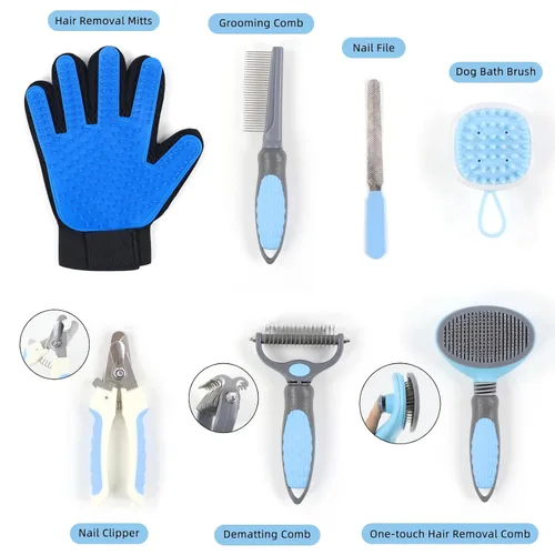 Miniatura 7 de Wisedog Kit de aseo para perros, 7 piezas, cortaúñas para gatos con lima de uñas, peine desengrasante para perros, peine de pulgas, cepillo de baño