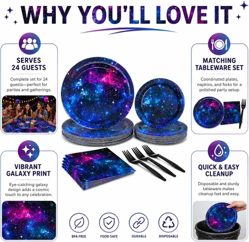 Miniatura 4 de Space Galaxy Party Supplies - Juego de vajilla para decoración de fiesta de cumpleaños del espacio exterior, noche estrellada, planeta, sistema