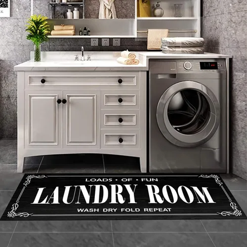 Miniatura 8 de Alfombra antideslizante para lavandería, decoración de lavandería, alfombra lavable para lavandería, baño, vestíbulo, cocina, 17 x 47 pulgadas, Negro