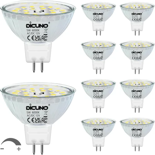 DiCUNO Bombillas LED MR16 regulables, luz blanca diurna, 6000 K, 50 W, equivalente a halógeno, 12 V CA/CC, bombilla base de 5 W GU5.3 bi-pines, Luz