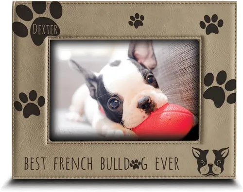 BELLA BUSTA - Perzsonalize - Marco de fotos de piel grabada con texto en inglés «Best Bulldog Francés» (4 x 6 horizontal)
