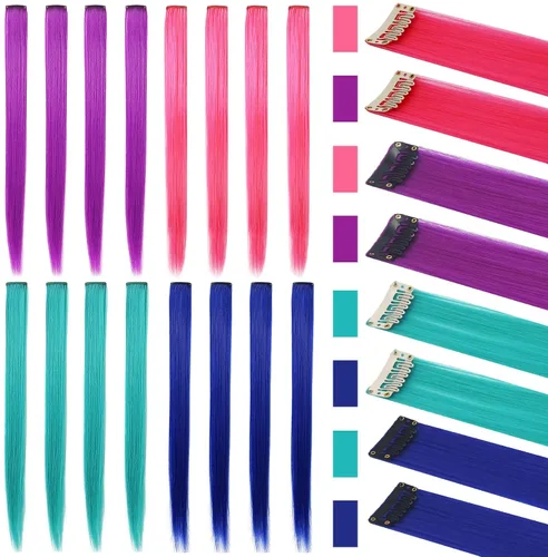 Miniatura 2 de 16 extensiones de cabello sintético multicolor de 21 pulgadas con clip para fiesta, accesorios para el cabello para niñas