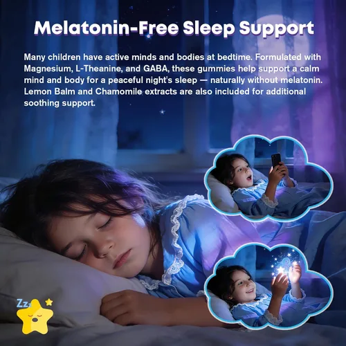 Miniatura 4 de Gomitas para dormir para niños, sin melatonina, gomitas para ayudar a dormir con magnesio y calcio, zinc, glicina, L-teanina, GABA, vitamina D3 K2