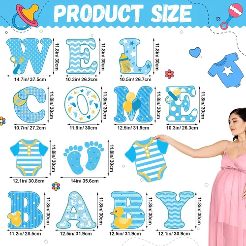 Miniatura 2 de 13 piezas de señalización de patio para fiesta de bebé "bienvenida bebé" con estacas, señal de césped de niña o niño de 15 pulgadas de altura, Azul