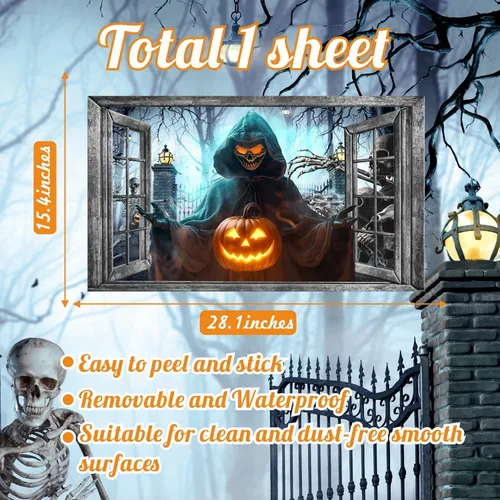 Miniatura 4 de Decoración de pared de Halloween, calcomanías de Halloween 3D para ventana falsa, despegar y pegar, calabazas, esqueleto, murales artísticos