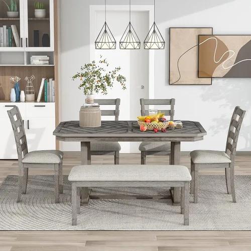 Miniatura 2 de Juego de mesa de comedor de madera de goma de 6 piezas con patrón de grano de madera y cojín suave, mesa de comedor rectangular con 4 sillas