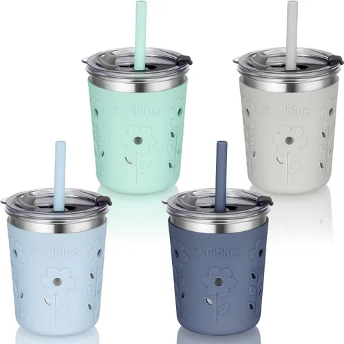 Miniatura 8 de Tiblue Vasos para batidos de acero inoxidable a prueba de derrames, con tapas a prueba de fugas, popote de silicona con tapón y manga, sin BPA