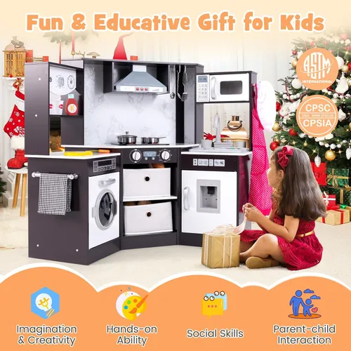 Miniatura 9 de Costzon Cocina de juego de esquina, juego de cocina de madera para niños pequeños con luces y sonidos, sistema de circulación de agua, lavadora