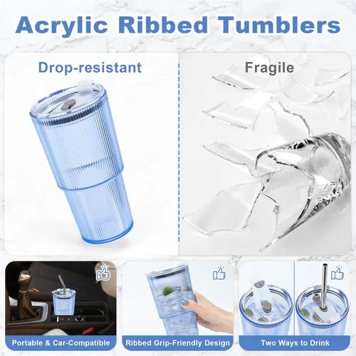 Miniatura 2 de 2 Pcs 20oz Plastic Ribbed Tumblers with Lid and Straws Blue Plastic Reusable Iced Coffee Cups with Lid Unbreakable Vintage Ribbed Drinking Glasses