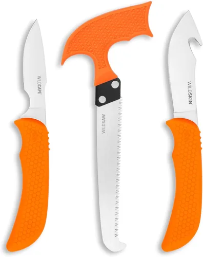 OUTDOOR EDGE WildGuide - Juego de cuchillos de caza de 4 piezas y kit de aderezo de campo, con hoja afilada, cuchillo para desollar con gancho para