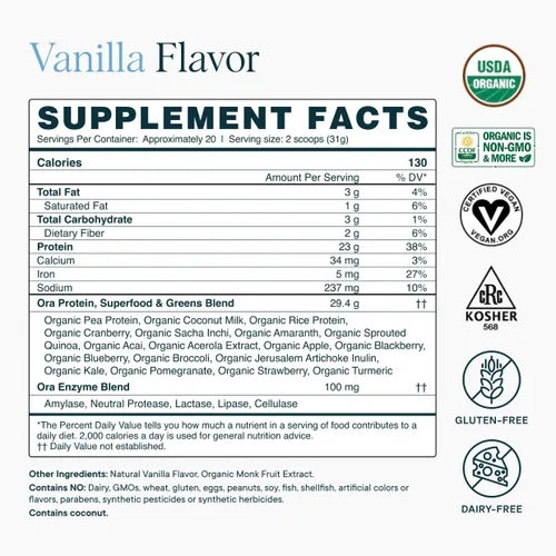 Miniatura 9 de Ora Organic Proteína en polvo a base de plantas - 23g de proteína para mujeres y hombres - Sabor a vainilla 20 porciones, vegano, proteína limpia