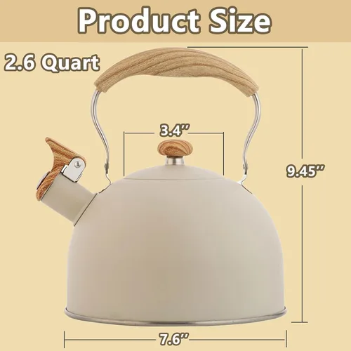 Miniatura 2 de Tetera de 2.6 cuartos de galón, tetera silbante de acero inoxidable de grado alimenticio con mango de madera, funciona para todas las estufas