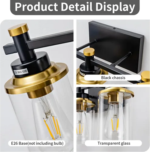 Miniatura 5 de Accesorios de Luz de Baño de 3 Luces, Accesorio de Luz de Tocador Negro y Dorado Cepillado Sobre Espejo, Apliques de Pared Modernos Iluminación