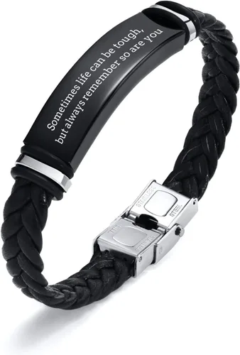 Miniatura 20 de Pulsera de cuero para hombre, regalo de sobriedad para hombre: cita inspiradora/versículo bíblico grabado, pulsera trenzada negra para hombre