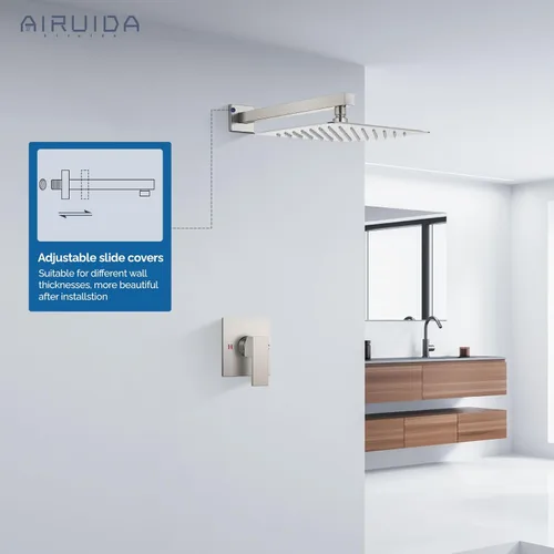 Miniatura 4 de Airuida Juego de grifo de ducha para baño, sistema de ducha de lluvia de acero inoxidable SUS304, mango único con roscas macho, válvula de Níquel