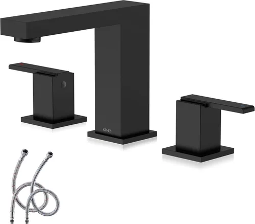 KENES Grifo de Baño Extendido Negro Mate de Dos Manijas, Grifos de Lavabo de Baño Negro de 3 Orificios, 8 Pulgadas, Grifo de Tocador de Baño de 3