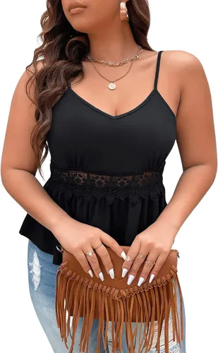 Miniatura 3 de SOLY HUX Camisola casual para mujer, talla grande, con ribete de encaje, dobladillo con volantes, tirantes delgados