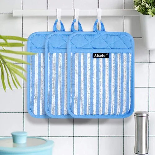 Miniatura 7 de Alselo Juego de 3 agarraderas de silicona resistentes al calor y antideslizantes, almohadillas calientes profesionales para horno con bolsillos