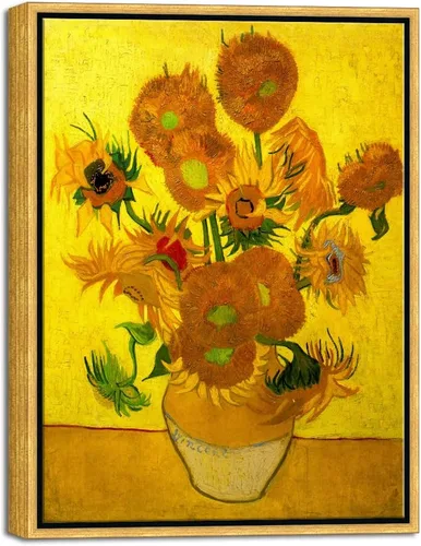 Wieco Art Arte de pared enmarcado de jarrón con quince girasoles por Vincent Van Gogh, pinturas de reproducción de pinturas abstractas en lienzo