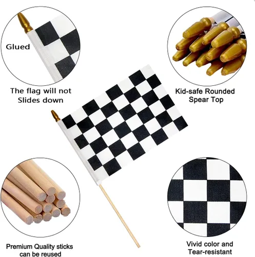 Miniatura 4 de 2 banderas a cuadros de 8 x 12 pulgadas, banderas de carreras en blanco y negro en palo, bandera de mano de Fórmula Uno F1 Racing con parte superior