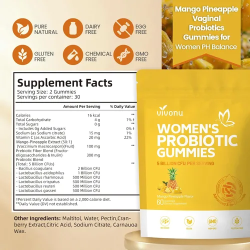 Miniatura 7 de VivoNu Gomitas de Piña para Mujeres Ph, Gomitas de Probióticos para Mujeres, Gomita de Equilibrio Femenino, Gomitas de Probióticos de Mango y Piña