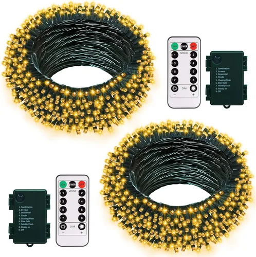 Miniatura 13 de echosari Paquete de 2 Luces de Cadena de Navidad a Batería, Cable Verde de 32 pies 100 Luces de Cadena de Hadas LED con Control Remoto Temporizador