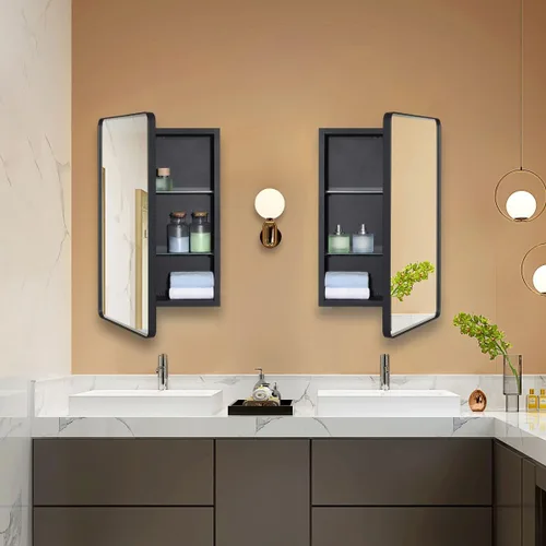 Miniatura 7 de IDYLLOR Gabinete de espejo de baño negro para medicinas con puerta con esquinas redondas y borde biselado, 15 x 25 pulgadas, montaje empotrado