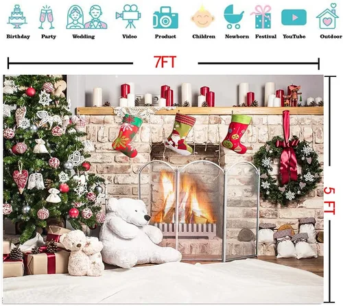 Miniatura 4 de Telón de fondo de fotografía navideña de 7x5 pies, telón de fondo de chimenea navideña, chimenea de ladrillo blanco, fondos de oso y árbol