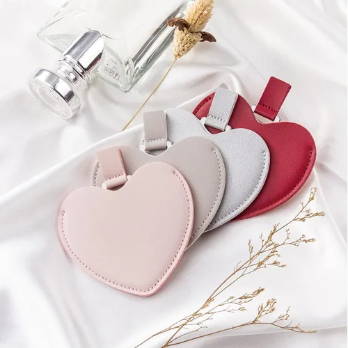 Miniatura 2 de Espejo compacto de acero inoxidable, espejo de bolsillo inastillable en forma de corazón con funda de piel sintética, mini espejo irrompible
