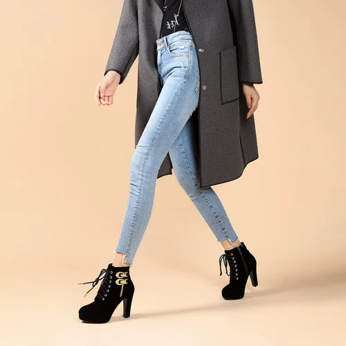 Miniatura 4 de Botines de tacón alto para mujer, otoño, redondo, de agujetas, con tacón grueso y plataforma. Botines Knight Martin.