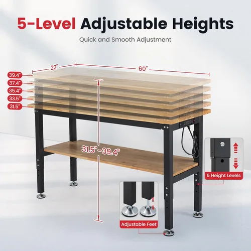 Miniatura 7 de ENJOYWOOD Mesa de trabajo para garaje de 60 pulgadas Banco de trabajo con almacenamiento Altura ajustable Tablero de madera de goma Banco de trabajo