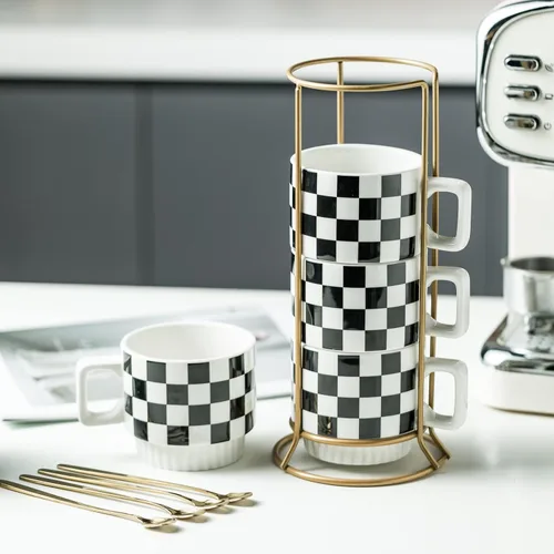 Miniatura 4 de Miamolo Juego de 4 tazas de café apilables con estante de 11 oz, juego de tazas de té con cuchara pequeña para café, té, cacao, leche, taza de café