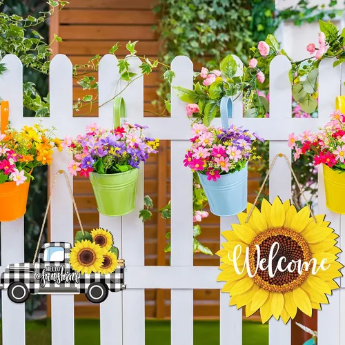 Miniatura 3 de 2 piezas de girasol de verano para puerta de bienvenida, letrero colgante de madera para camión con diseño de girasol Hello Sunshine Wall Porche Art