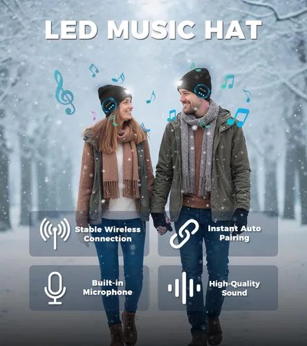 Miniatura 2 de HEYAXA Gorro Bluetooth con LED, Gorro de Música Inalámbrico con 4 LEDs Recargable por USB, Faro de Cabeza para Correr, Regalos para Navidad, Relleno