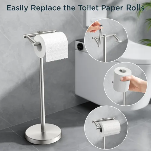 Miniatura 21 de FORIOUS Soporte de pared para papel higiénico, soporte de rollo de papel higiénico de doble poste giratorio de acero inoxidable para baño, Blanco