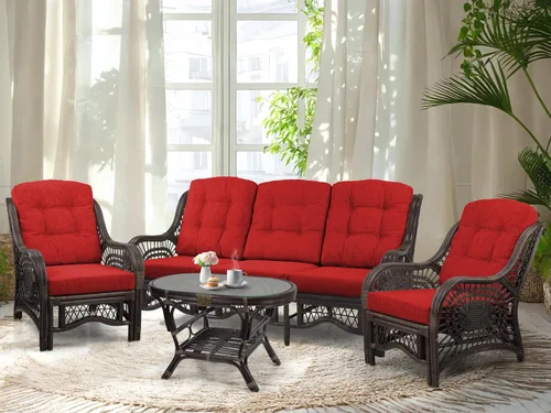 Miniatura 20 de Malibu Lounge Juego de 4: 2 sillas de mimbre de ratán natural, sofá de tres plazas con cojines marrón claro y mesa de centro con vidrio hecho a