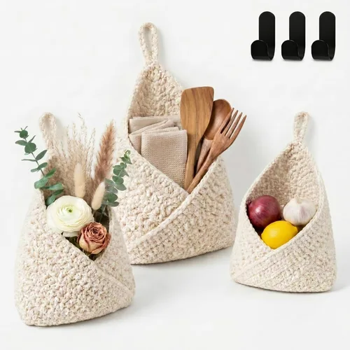 Miniatura 16 de Honeydak Cestas colgantes de pared bohemias para cocina, paquete de 3 cestas de lágrima con ganchos, almacenamiento de frutas, cebollas, verduras
