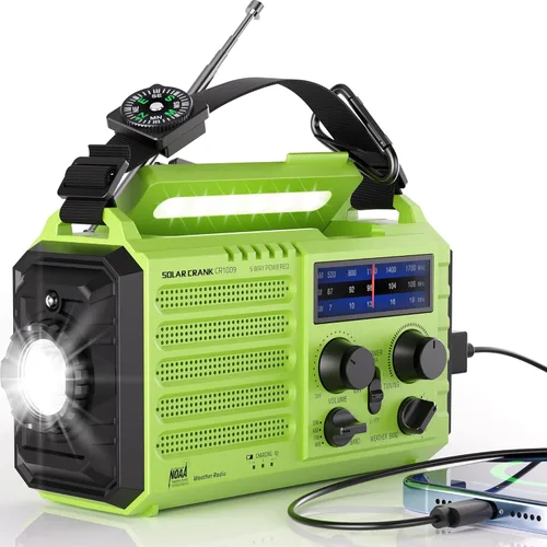 Mesqool Radio de emergencia alimentada por 5 vías, 5000 mAh/18500 mWh, manivela solar de supervivencia, portátil, radio meteorológica NOAA/AM/FM/SW,