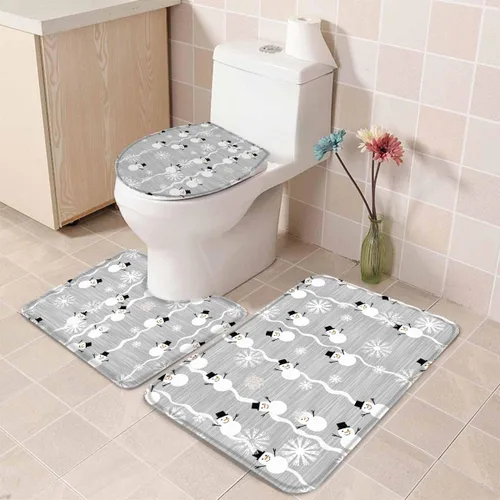 Miniatura 5 de Juego de 3 alfombras de baño de Feliz Navidad, diseño de muñeco de nieve, copo de nieve, gris nieve, absorbente, antideslizante, tapete