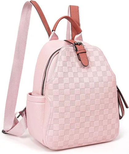 Miniatura 8 de Mochila pequeña para mujer, bonita mochila a cuadros de piel sintética para mujer, mochila ligera para el hombro, escuela y viajes, Negro