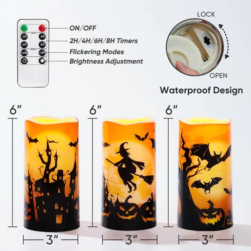 Miniatura 6 de Homemory Velas de Halloween, velas sin llama naranjas, velas led de pilas impermeables para exteriores con calabazas impresas, con mando a distancia