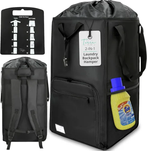 TERRA HOME College Essentials - Mochila de lavandería de tamaño de viaje, portátil, duradera, plegable, bolsa de lavandería con bolsillos para Negro