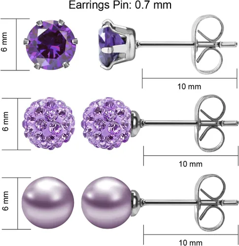 Miniatura 31 de JewelrieShop - Juego de aretes de tuerca de acero inoxidable con circonitas cúbicas y perlas de imitación, 3 pares de 0.236 in