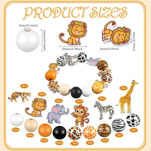 Miniatura 2 de Glenmal 200 cuentas de madera de animales de la selva, lindos animales, cuentas coloridas con estampado de vaca, leopardo, tigre, jirafa