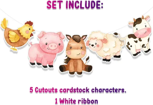 Miniatura 5 de Cartel de cumpleaños de animales de granja – Decoración de fiesta de granero con vaca, cerdo, caballo, oveja y pollo para cumpleaños de niños