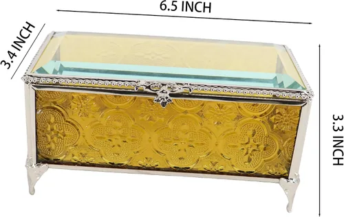 Miniatura 6 de Joyero de cristal rectangular vintage con tapa con bisagras, anillo de joyería, pulsera, caja de exhibición de metal de recuerdo, caja