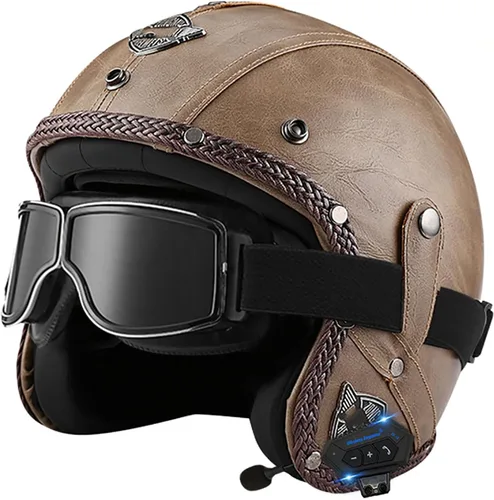 Miniatura 17 de Casco retro de motocicleta con Bluetooth, casco de cuero Jet con gafas personalizadas, medio casco de motocicleta 3/4 aprobado por DOT, casco