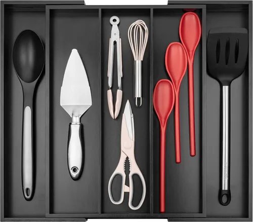 Organizador de Cajón de Cocina Purawood - Organizador de Utensilios Extensible para Cocina, Bandeja de Cuchillos y Organizador de Cubiertos, 3-5