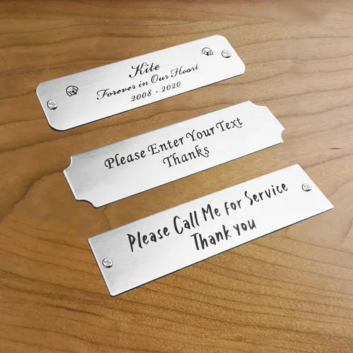 Miniatura 3 de 3" de ancho x 0.75" de alto, personalizadas, con grabado láser personalizado, etiquetas de nombres para armazones con imágenes, placas de acero