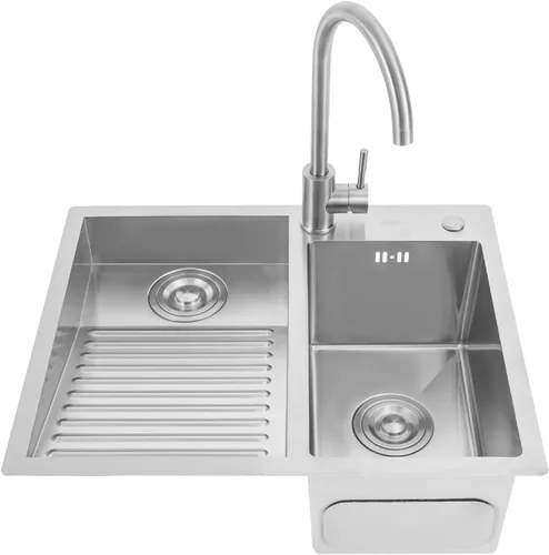 Fregadero de lavandería de 2 lavabos para el hogar con lavabo con tabla de lavar y grifo, fregadero de acero inoxidable para lavanderías, baños,